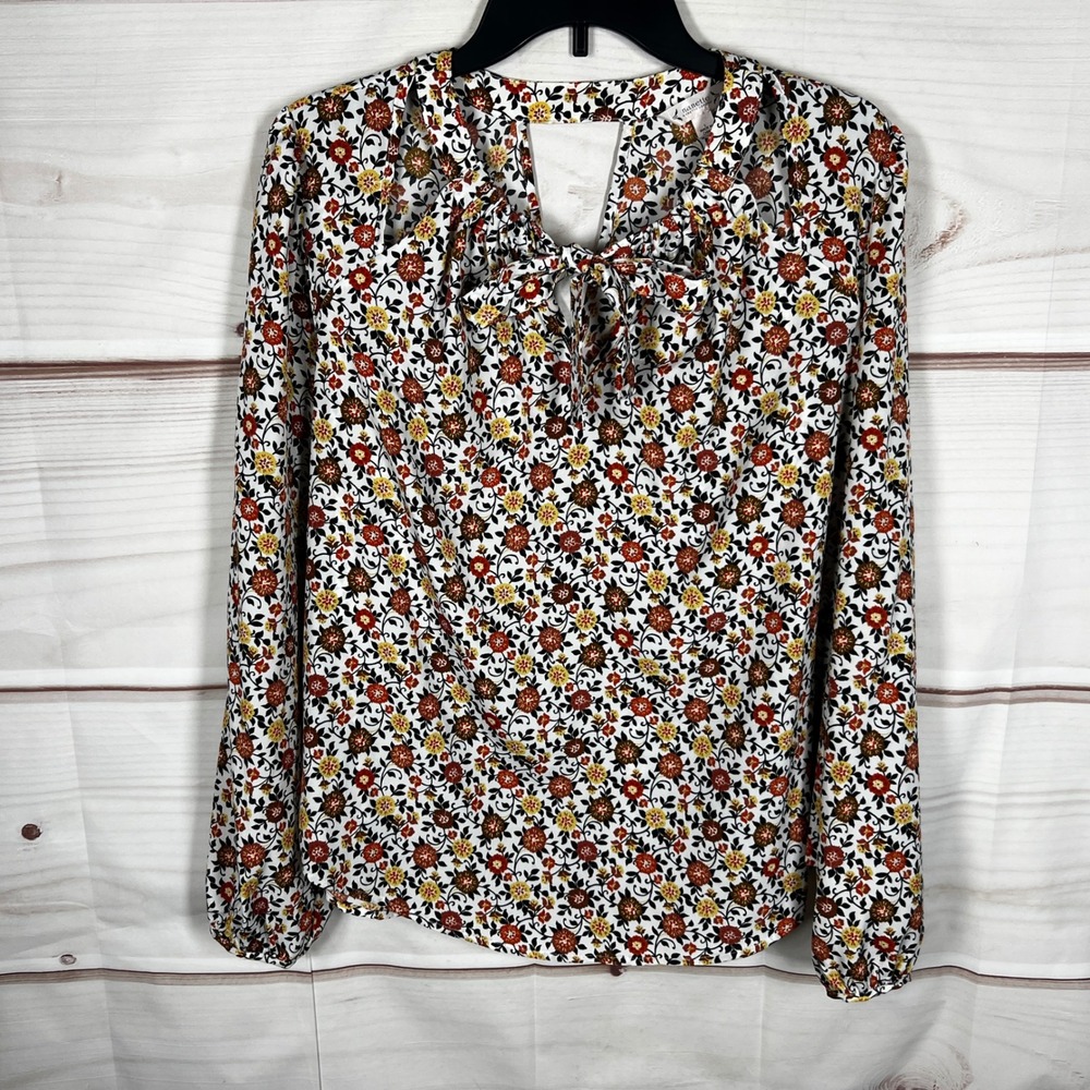 Nanette‎ Lepore Top Women Large White Floral Long Sleeve Tie Neck Blouse Cut out